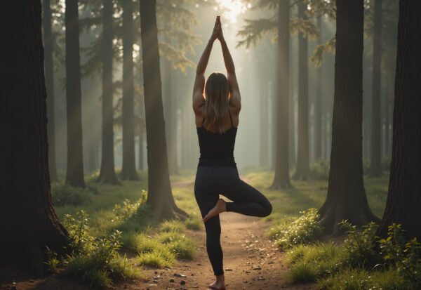 Woman practicing yoga in forest