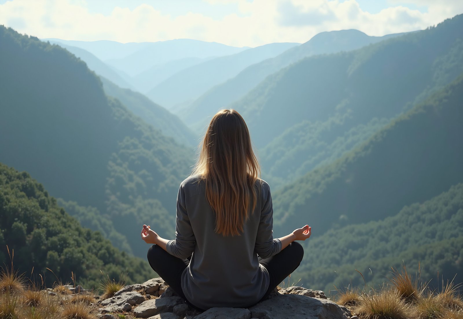 Woman in meditation pose sitting on mountain peak overlooking valley landscape