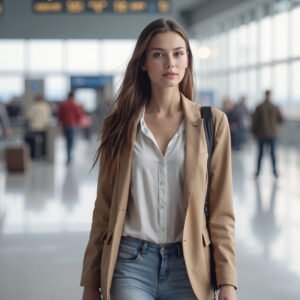 Young woman walking through an airport terminal — ideal for travel, journey and lifestyle visuals