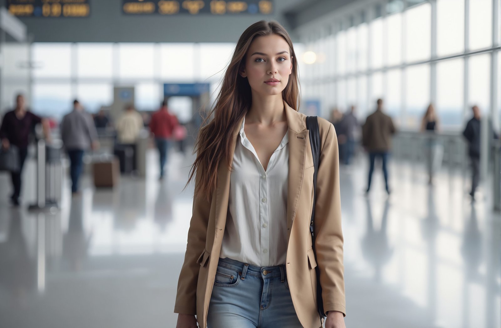 Young woman walking through an airport terminal — ideal for travel, journey and lifestyle visuals