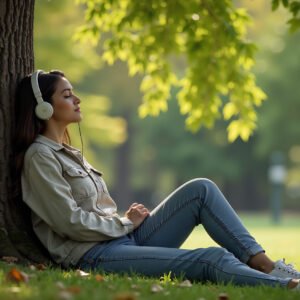 young woman with headset relaxing under tree in the park while listening to music