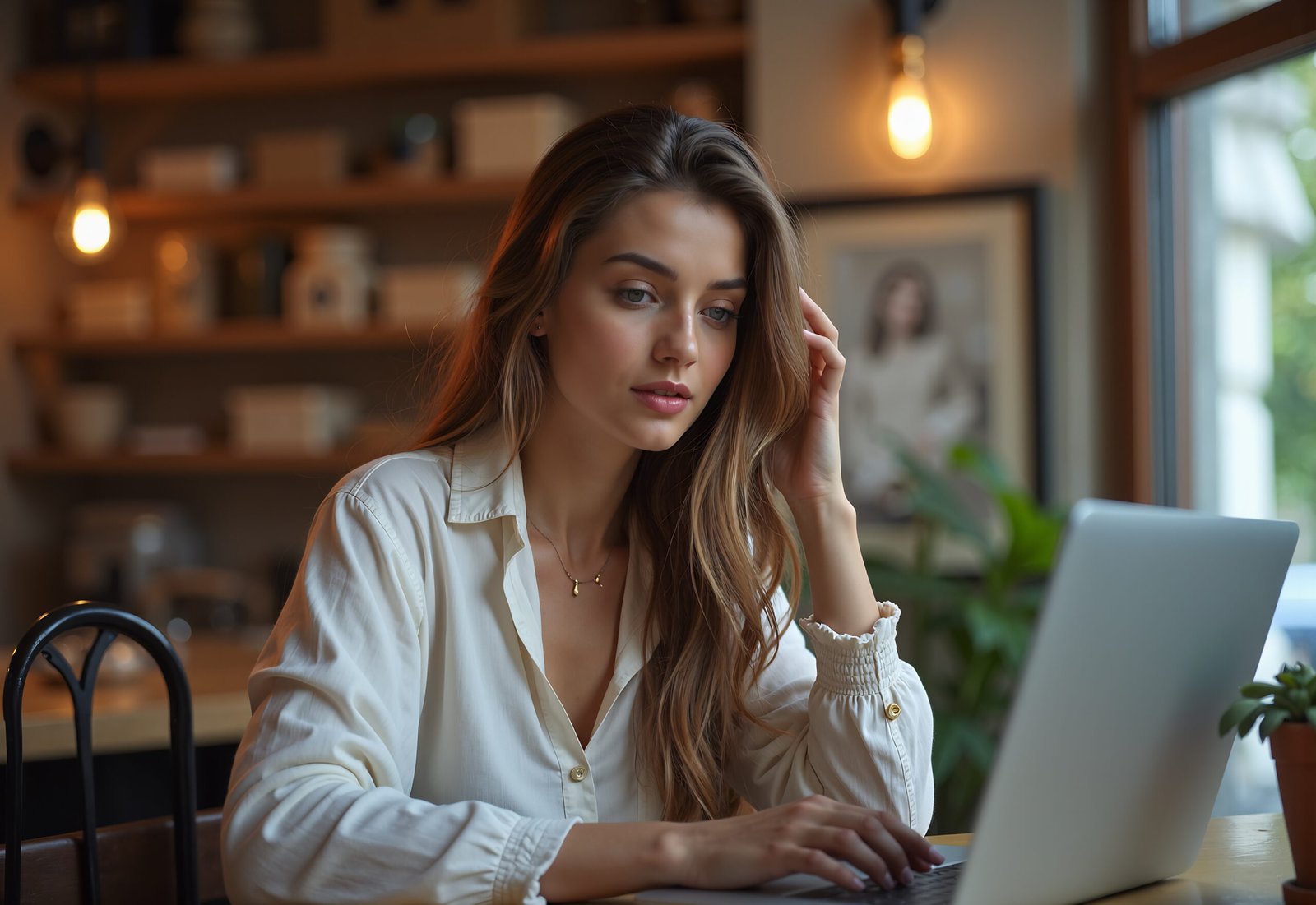 Young woman working on laptop in a cafe