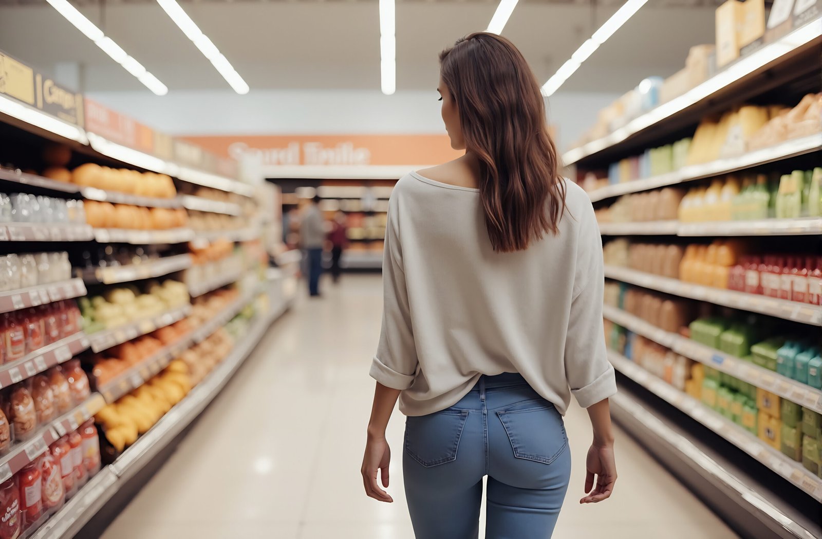 Woman shopping in a grocery store aisle