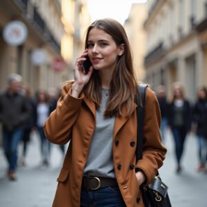 Young woman walking down the street talking on her phone—ideal for lifestyle and mobile communication visuals