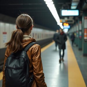 Young woman with backpack waiting on subway platform—ideal for urban travel, commuting, and lifestyle visuals