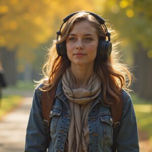 Young woman walking in park with headphones—ideal for lifestyle, outdoor and music visuals