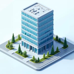 Modern office building surrounded by trees and roads