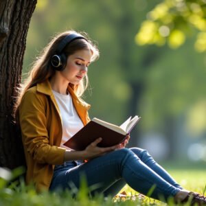 Woman wearing headphones reading book while sitting under tree in park