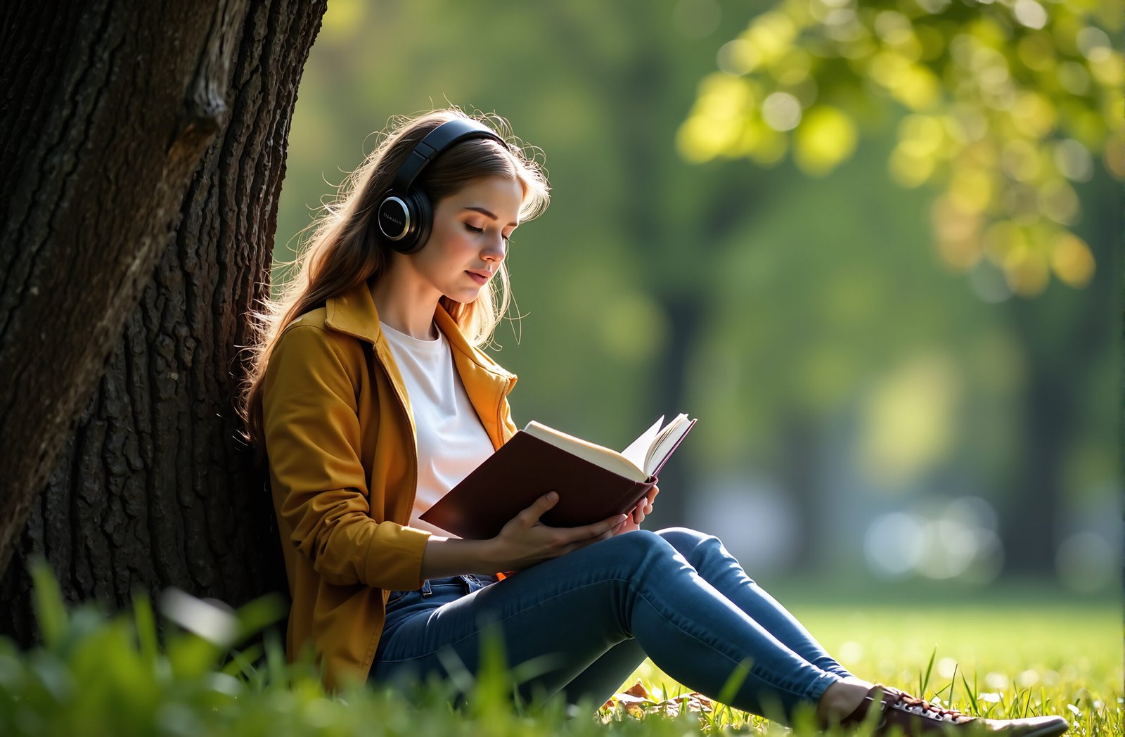Woman wearing headphones reading book while sitting under tree in park