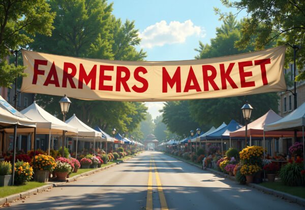A large fabric banner announcing a local farmers market, stretched across a small-town road