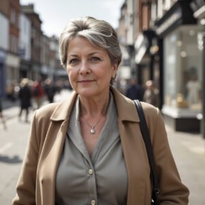 Mature woman walking confidently on a city street—free image for lifestyle, senior-living or urban visuals.
