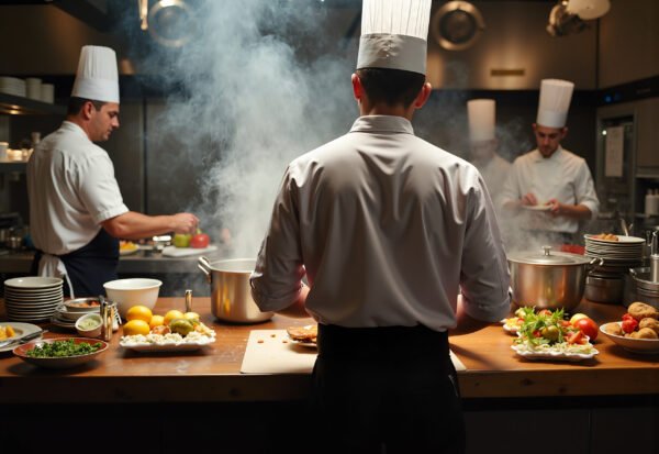 Chefs preparing meals in a professional kitchen