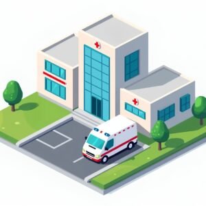 isometric vector illustration of a hospital building and ambulance