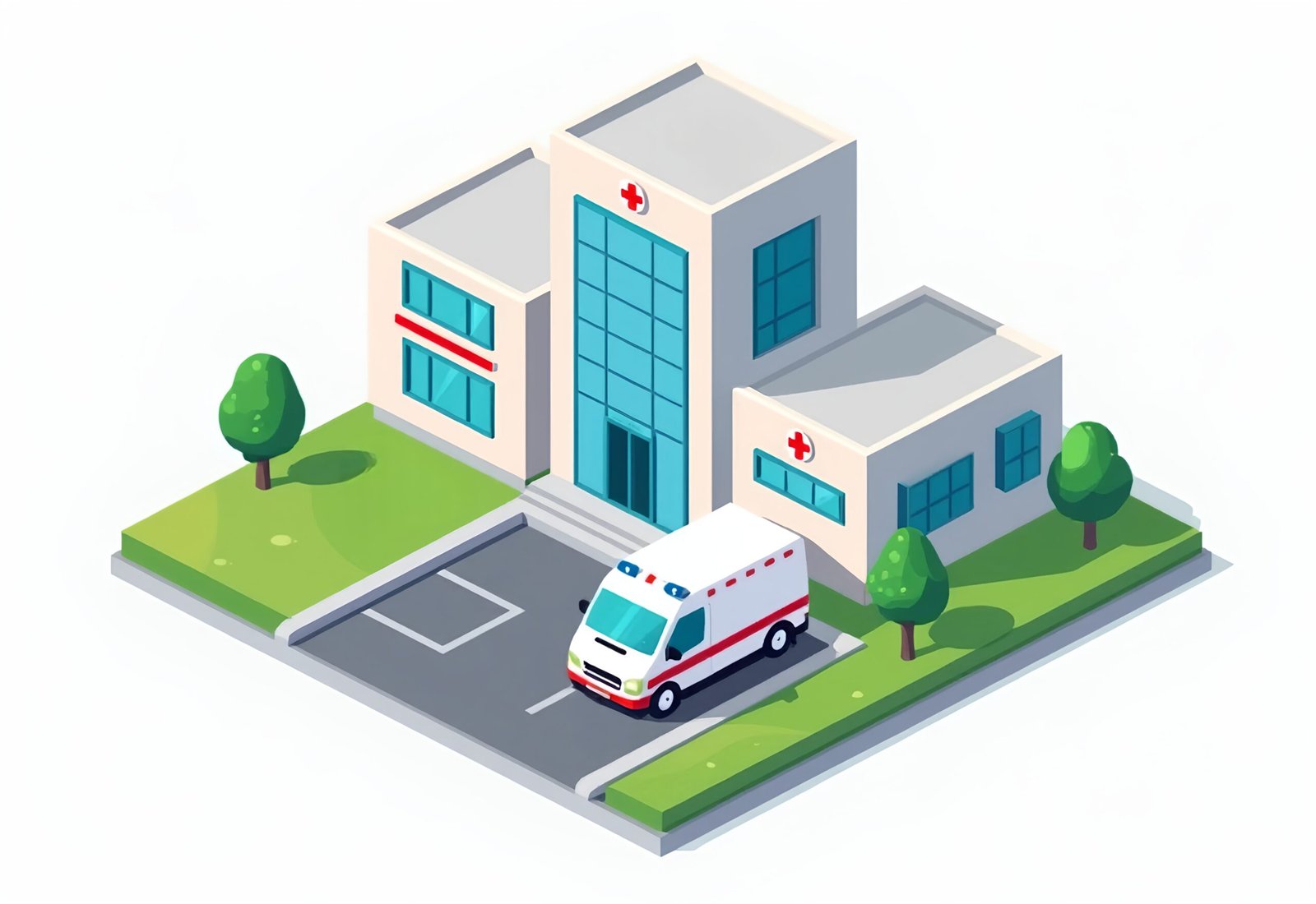 isometric vector illustration of a hospital building and ambulance