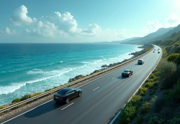 A seaside highway with cars driving next to turquoise waters