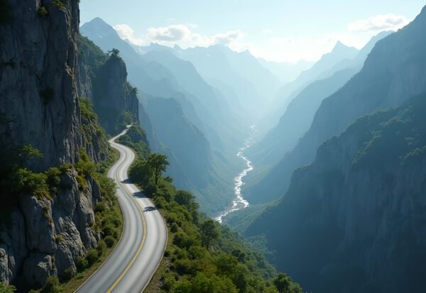 High altitude highway with steep cliffs and valley view