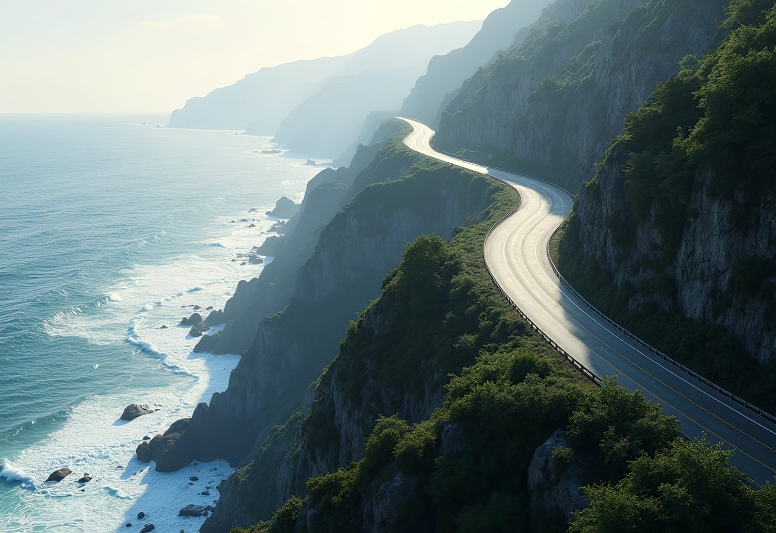 Highway along steep cliffside with ocean waves crashing below