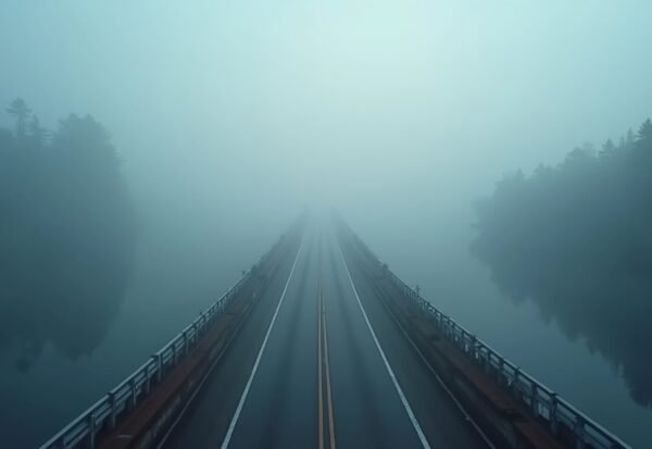 Highway bridge disappearing into fog