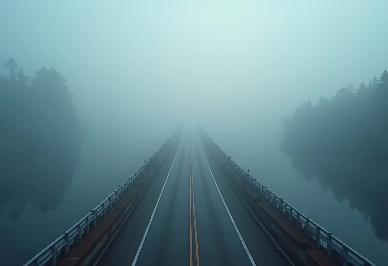 Highway bridge road disappearing into thick white fog and mist with atmospheric lighting