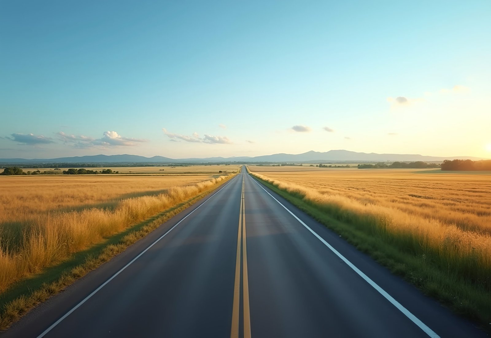 Empty highway road stretching across open farmland with agricultural fields and rural landscape