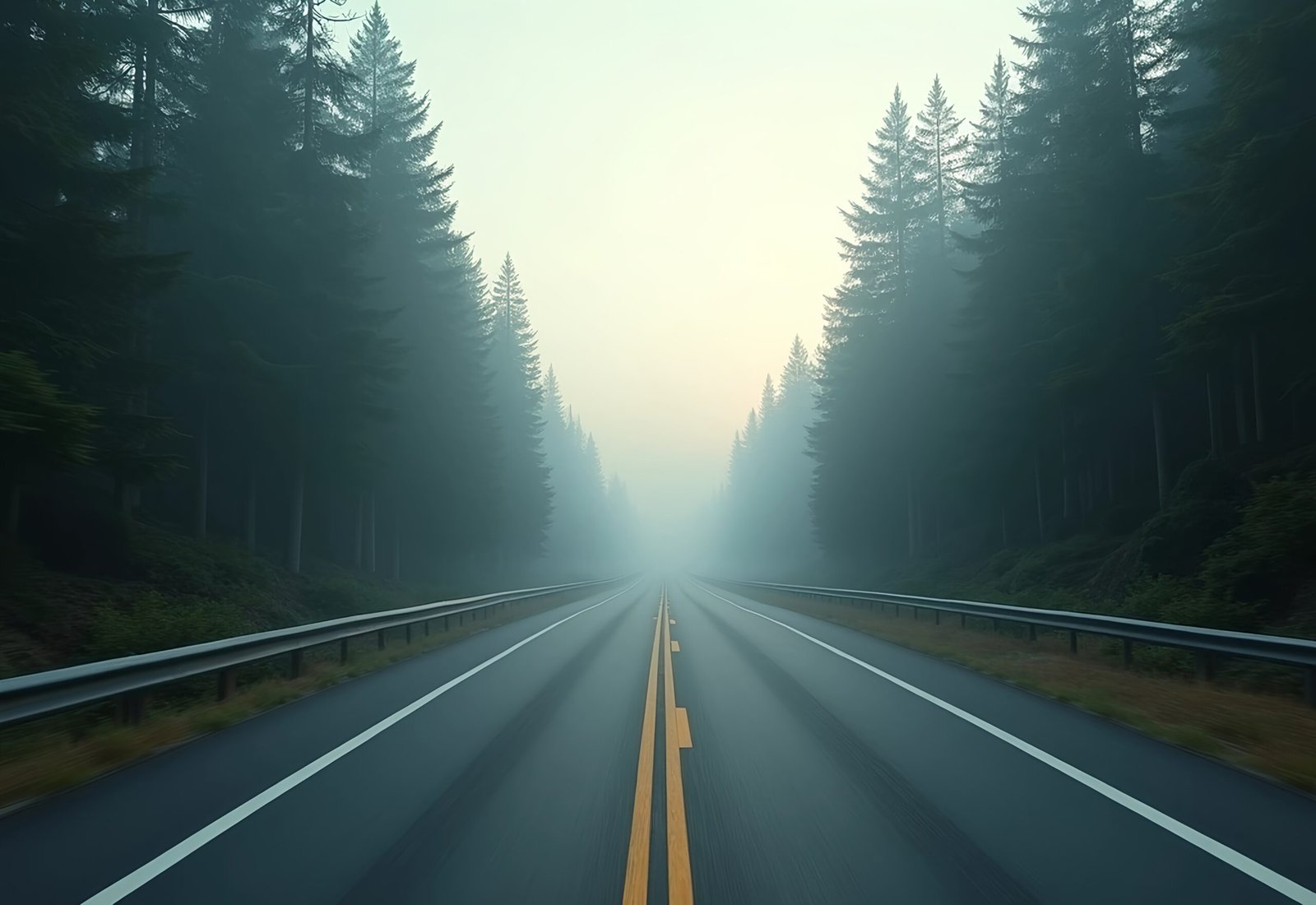 Highway winding through pine forest in thick mist—ideal for travel, nature and atmospheric visuals