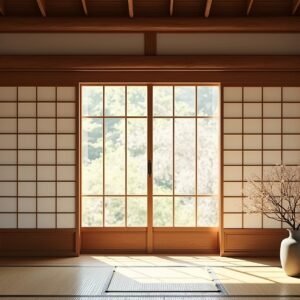Traditional Japanese shoji sliding door with white paper panels and wooden lattice framework creating minimalist interior design element