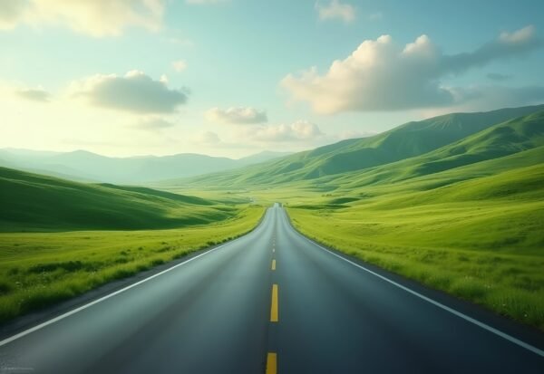 Long empty road across rolling green hills