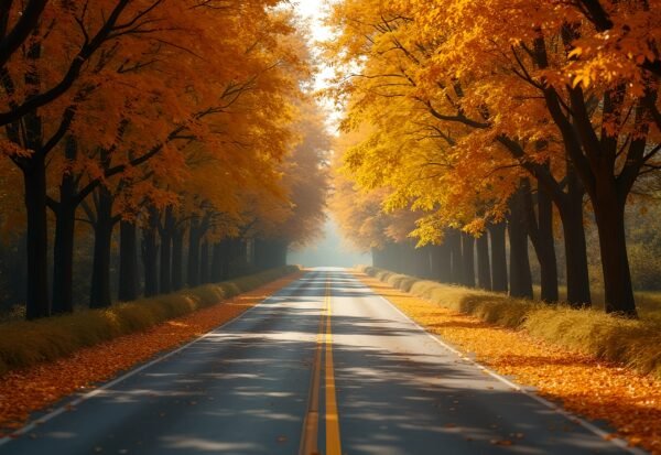 Tree lined highway in autumn with golden leaves covering the road