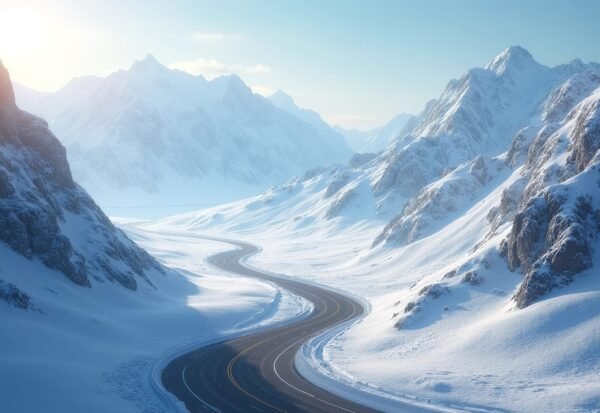 highway through snow covered mountain