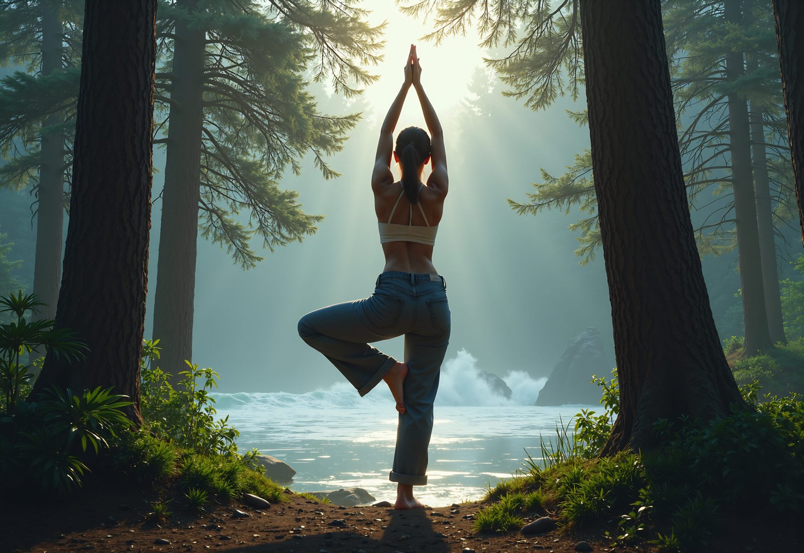 A woman doing a yoga tree pose in a forest