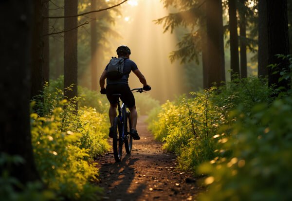 Download free image, Cyclist with helmet and backpack riding a mountain bike on dirt road in a dense forest, Sunlight filters through the trees