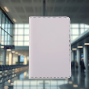 White passport cover mockup in airport terminal—ideal for travel accessory, product branding and lifestyle visuals