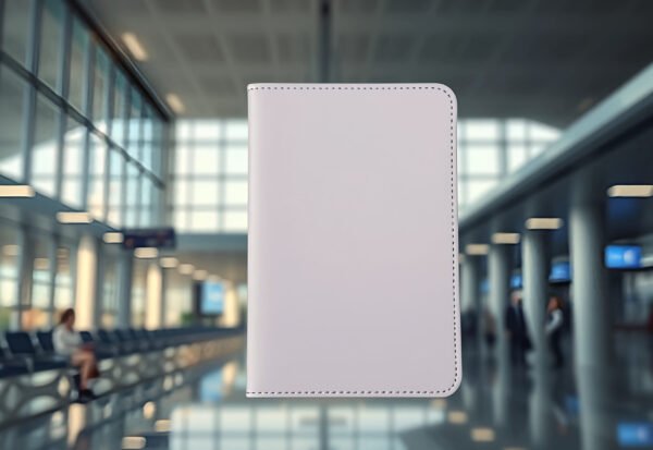 White passport cover held in airport terminal