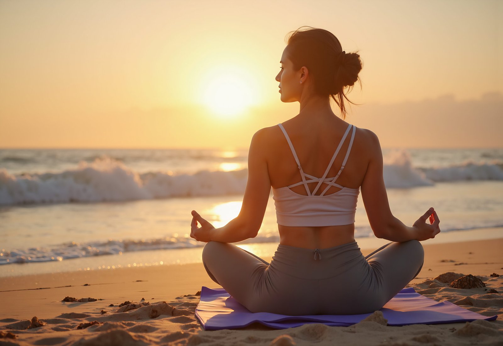 Woman performing lotus pose yoga on sandy beach at sunrise—ideal for wellness visuals, meditation, and mindful lifestyle design