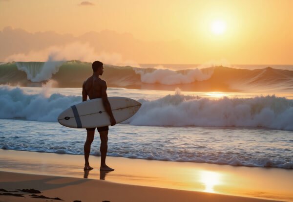 royalty free image of surfer with surfboard on the beach watching ocean waves