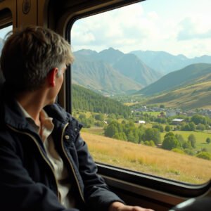 A passenger sitting in a train looking out the window at a beautiful countryside landscape.