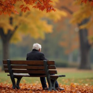 Elderly man sitting alone on wooden park bench in autumn with golden red leaves covering ground