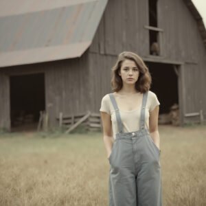 Vintage photo of young woman standing on farm with rustic barn—ideal for retro, lifestyle, and countryside visuals