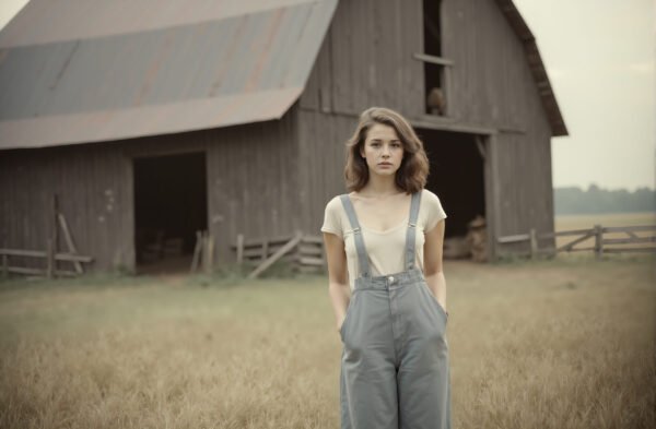 vintage image of young woman or girl posing in rustic barn
