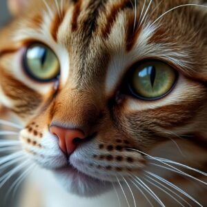 Close-up of a cat’s face highlighting whiskers, fur texture, and expressive eyes