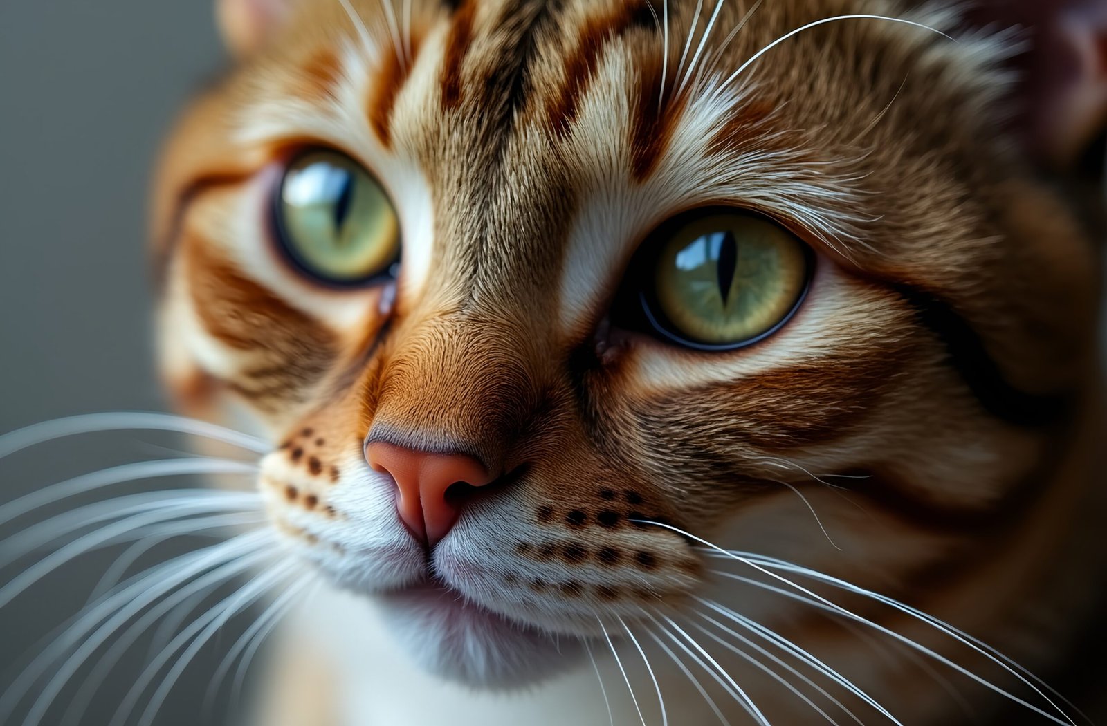 Close-up of a cat’s face highlighting whiskers, fur texture, and expressive eyes