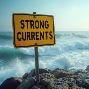 Yellow warning sign reading Strong Currents with ocean waves crashing in background