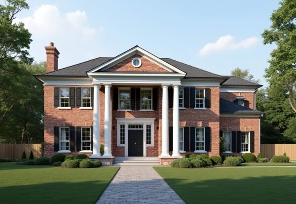 Colonial Style symmetrical two story house with white pillars and a brick exterior