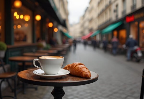 cafe au lait with croissant in a cafe