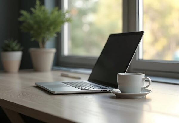 Cup of black coffee on modern desk with open laptop
