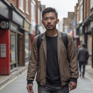 Young Asian man walking on city street—free image for urban lifestyle or travel visuals.