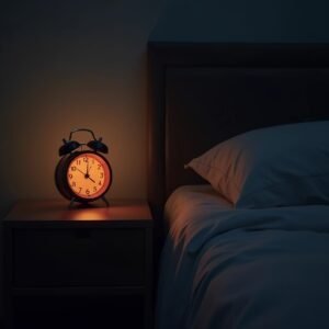 Alarm clock glowing on bedside table in dark bedroom creating nighttime atmosphere