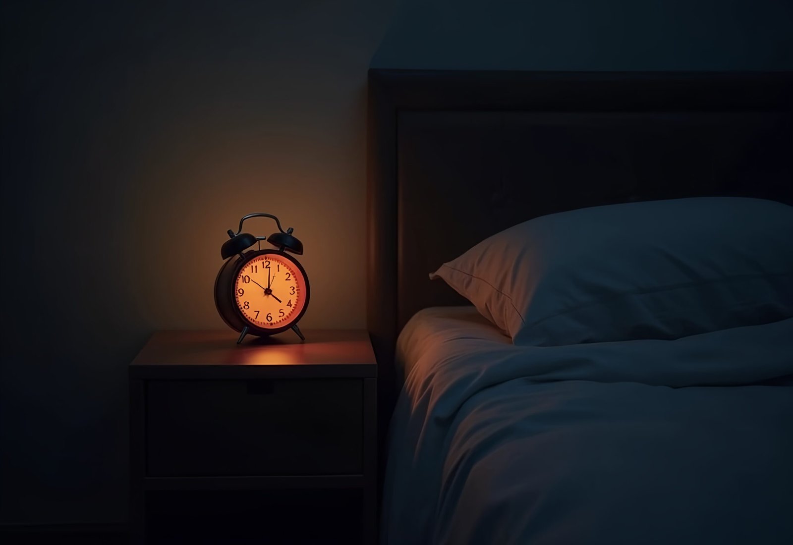 Alarm clock glowing on bedside table in dark bedroom creating nighttime atmosphere