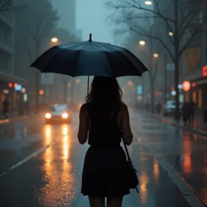 woman standing alone in a city street during heavy rain holding a dark umbrella
