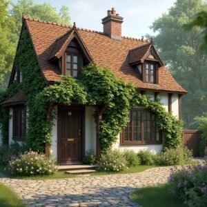 Small English cottage nestled in greenery—ideal for countryside, architecture, and pastoral visuals